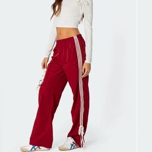 Wide Leg Track Pants with Side Stripes - Red